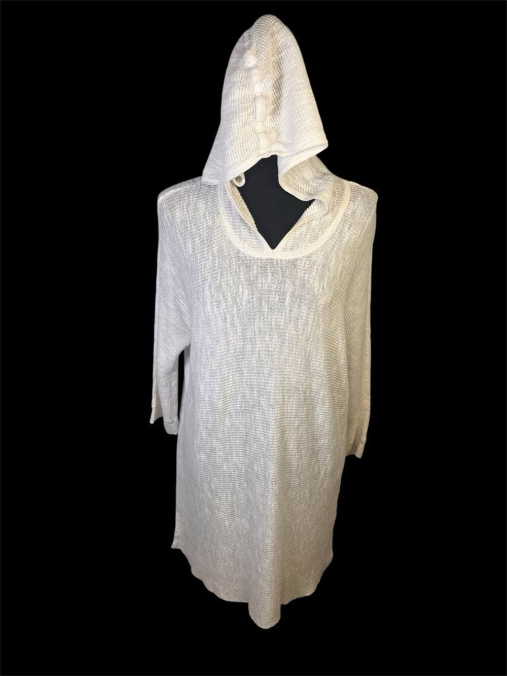 Eileen Fisher Organic Cotton Linen Slub Long Line Hooded Tunic Top Sz M White